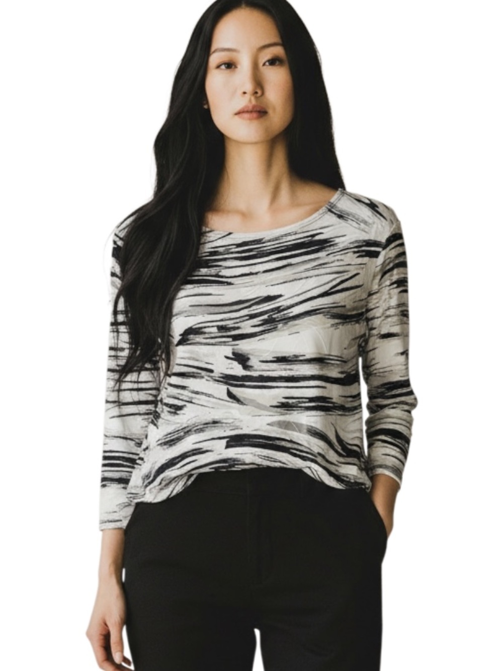 JM Collection Black and Cream Abstract Brushstroke Long-Sleeve Top